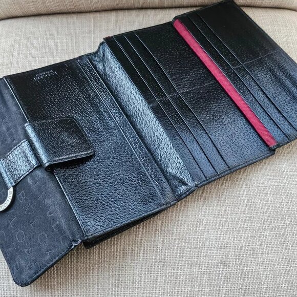 BVLGARI Clutch Long Wallet Card Holder Black Leather/Canvas Bag Purse Made Italy - Picture 13 of 14